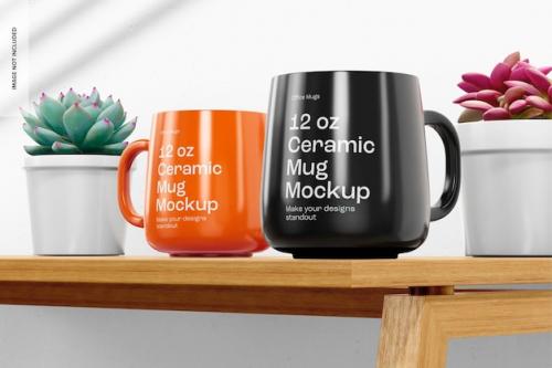 12 Oz Ceramic Mugs On Desk Mockup