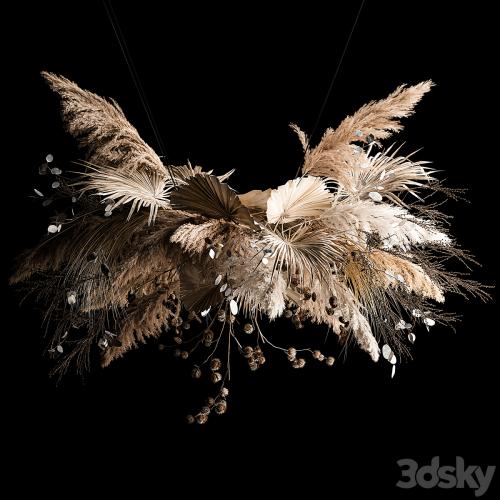 Hanging bouquet of dried flowers, palm branch, pampas grass, dry reeds, lunnik, thorn 270.