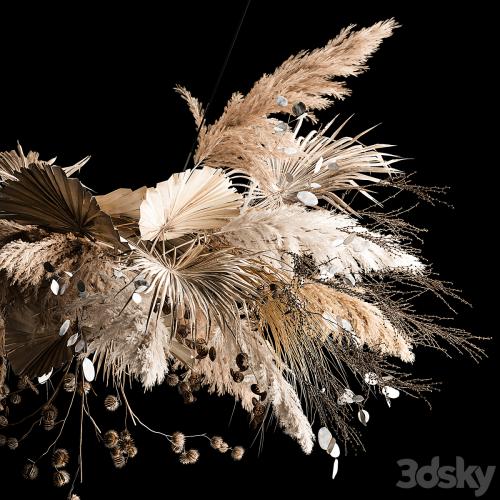 Hanging bouquet of dried flowers, palm branch, pampas grass, dry reeds, lunnik, thorn 270.