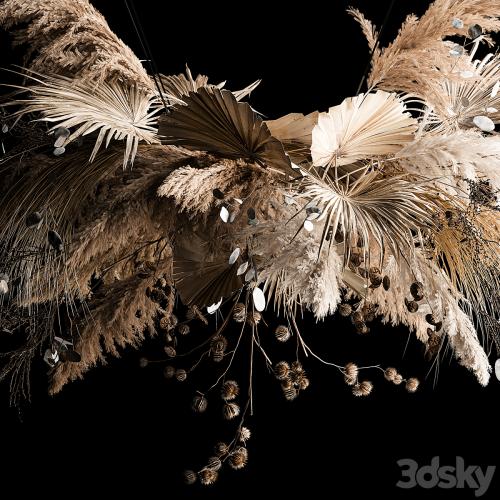 Hanging bouquet of dried flowers, palm branch, pampas grass, dry reeds, lunnik, thorn 270.