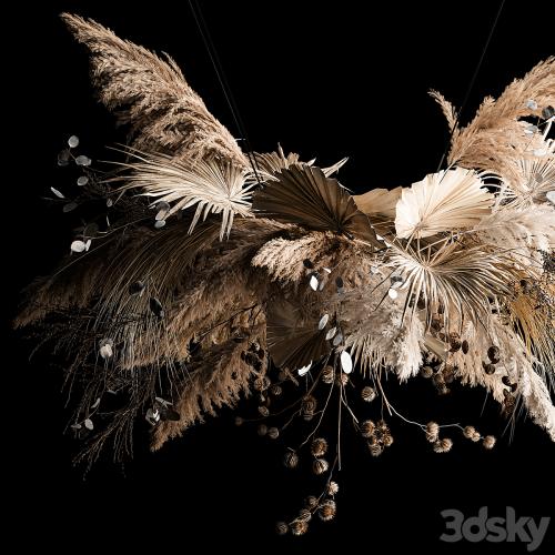 Hanging bouquet of dried flowers, palm branch, pampas grass, dry reeds, lunnik, thorn 270.