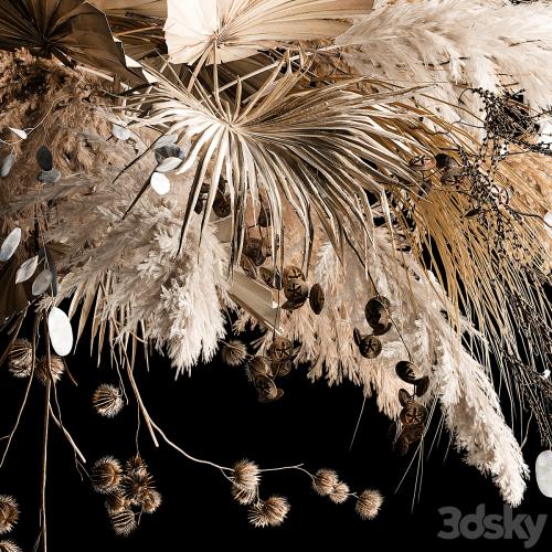 Hanging bouquet of dried flowers, palm branch, pampas grass, dry reeds, lunnik, thorn 270.