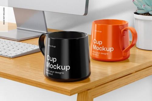 Cups On Wooden Desk Mockup