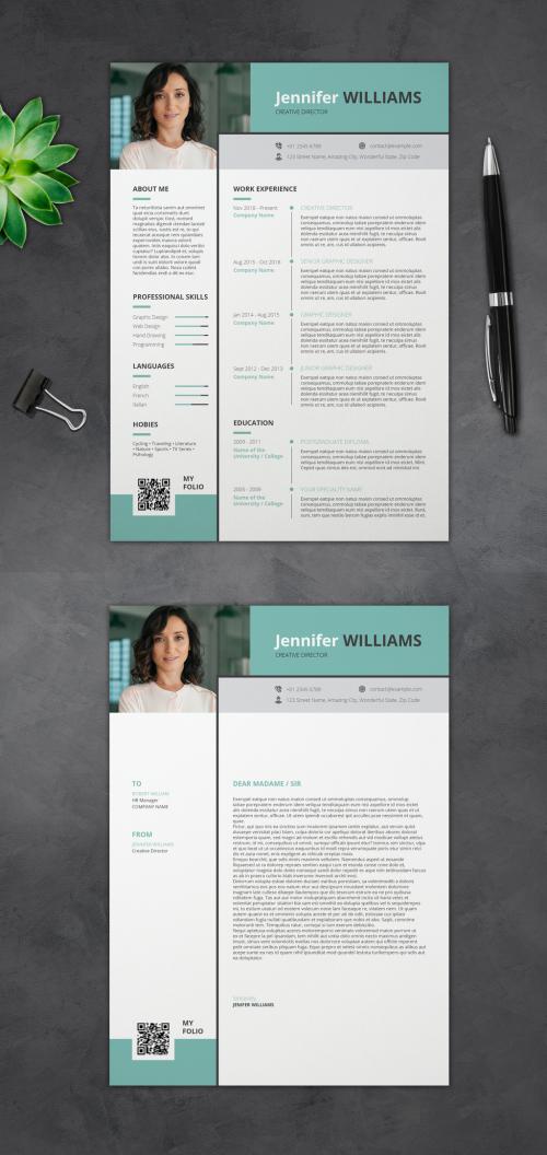 Modern Resume Layout with Turquoise Accents - 351015230