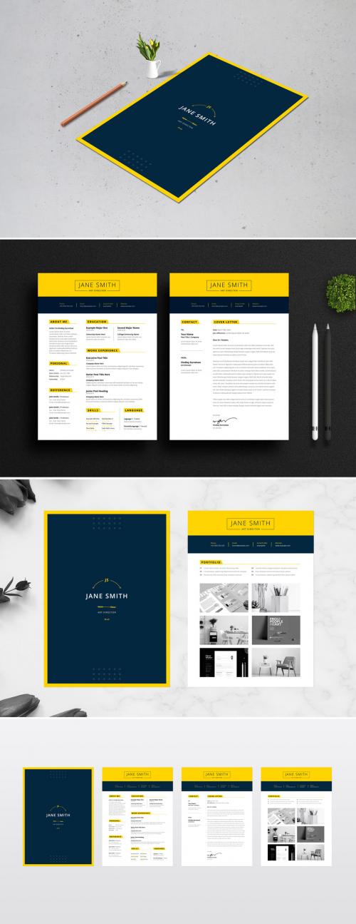 Resume and Cover Letter Layout with Blue and Yellow Header Elements - 351303511