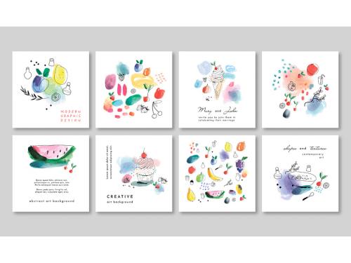 Set of Card Layouts with Fruits and Dessert Illustrations - 351653121
