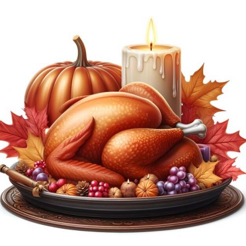 Roasted Turkey On A Plate With Candle Decoration And Maple Leaves Isolated On A White Background