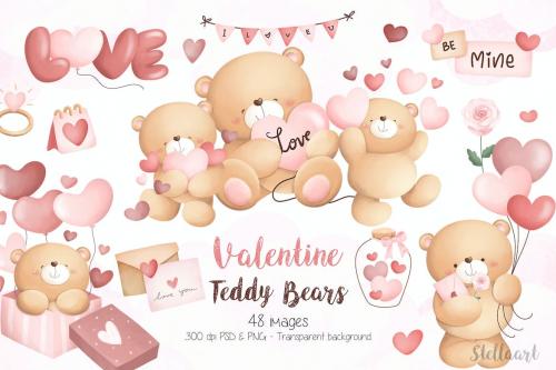 Valentine Teddy Bears Watercolor Clipart