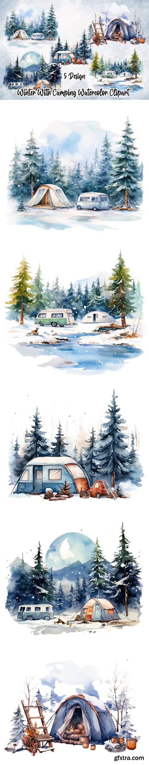 Watercolor Winter With Camping Clipart Pack