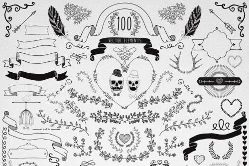 100 Hand Drawn Doodle Vector Design Elements.