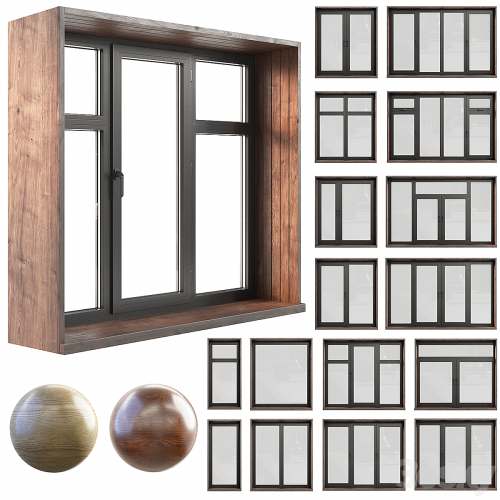 A set of plastic windows with wooden trim.