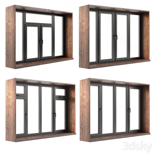 A set of plastic windows with wooden trim.