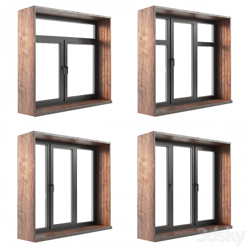 A set of plastic windows with wooden trim.