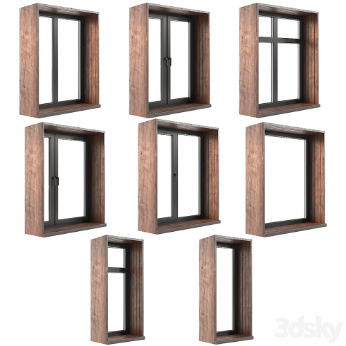 A set of plastic windows with wooden trim.