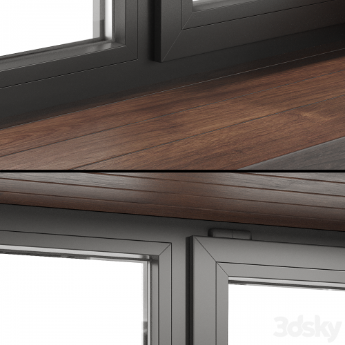 A set of plastic windows with wooden trim.