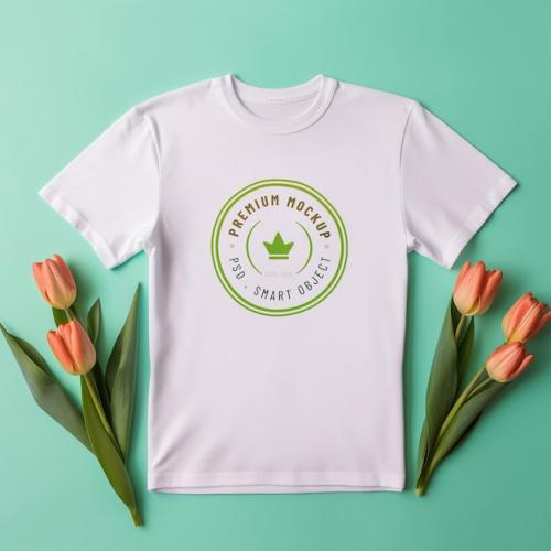 Luxury White Tshirt Mockup Psd Template With Flowers