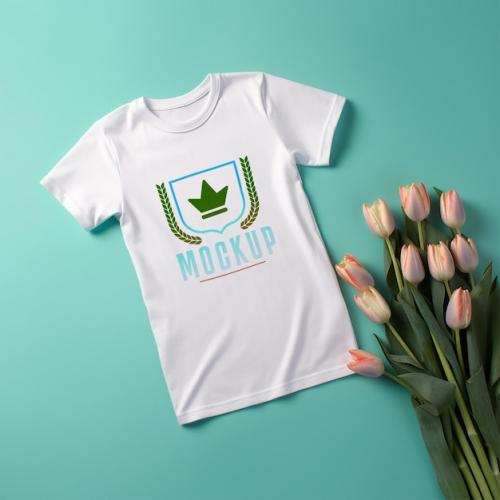 Luxury White Tshirt Mockup Psd Template With Flowers