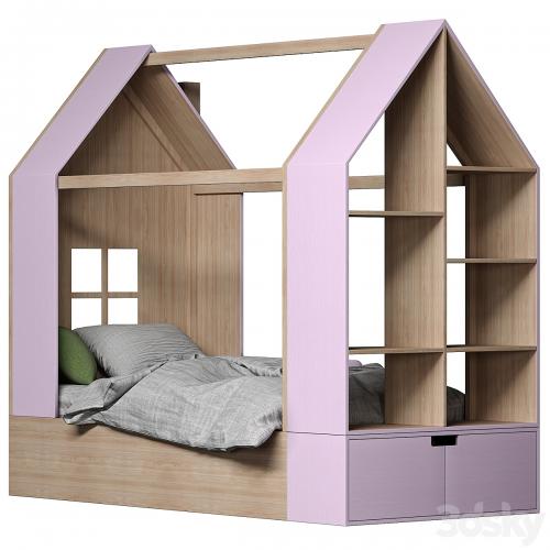 Children bed House with a rack