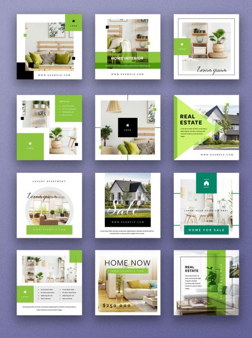 Real Estate Social Media Post Layout Set with Green Accents - 354405998