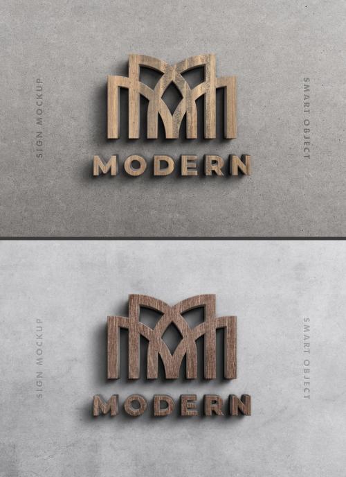 3D Wood Logo Sign Mockup on Dark Wall - 354730599