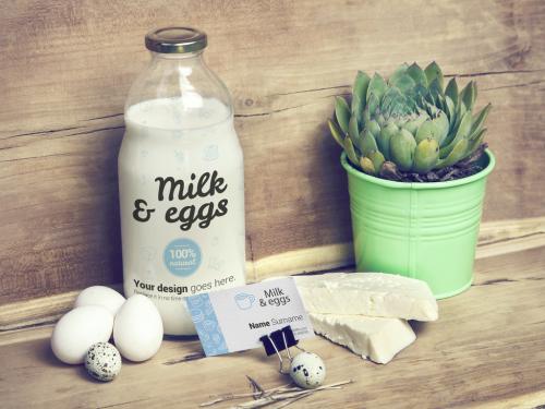 Milk and Cheese on Wooden Surface Mockup - 355034562