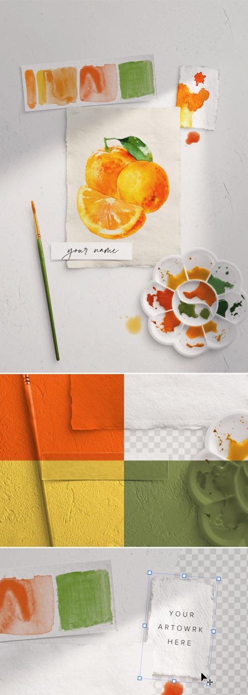 5X7 Handmade Watercolor Paper Scene Mockup with Brush and Paint - 357285901