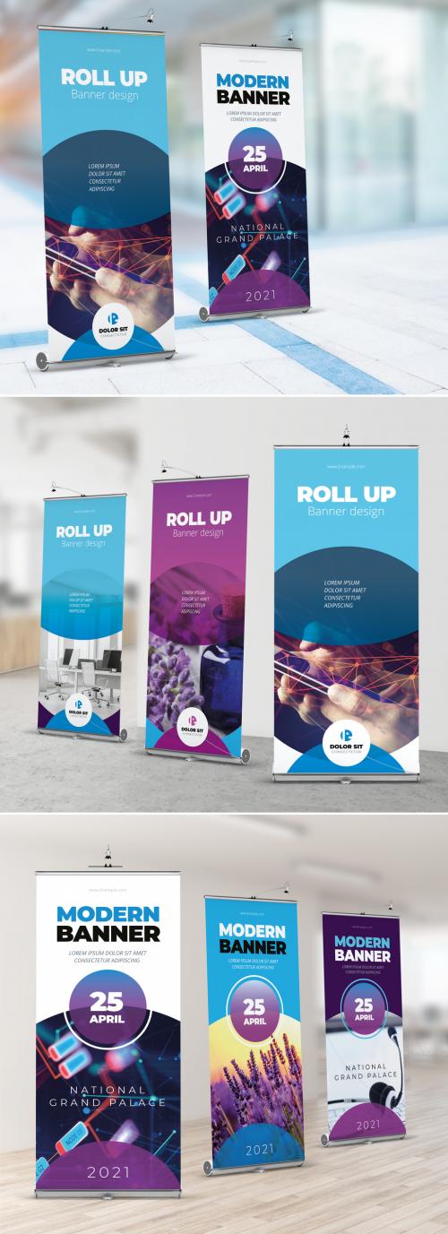 Blue Gradient Roll Up Layout with Abstract Circles - 357915898