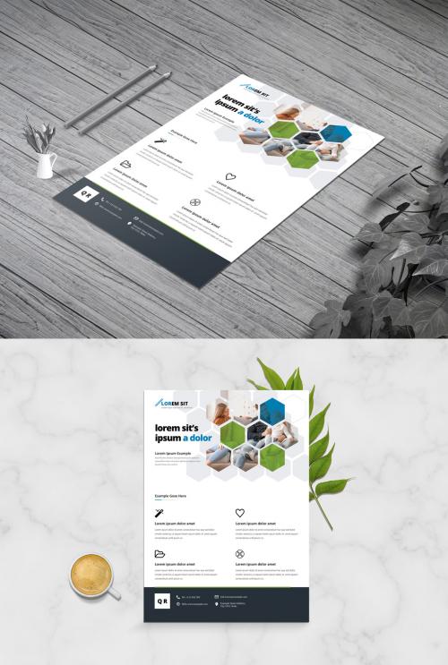 Hexagon Business Flyer Layout with Green Blue Accent - 358116896