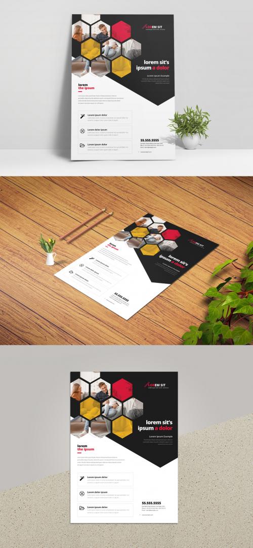 Hexagon Business Flyer Layout with Red Accent - 358116959