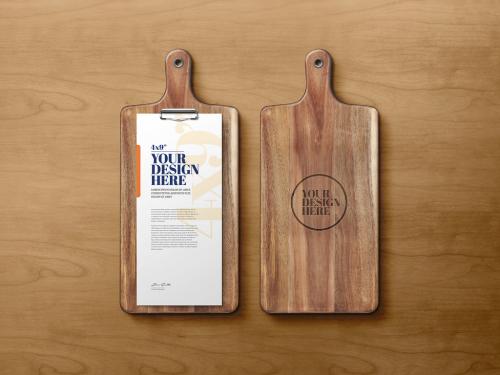 Paper Menu on Wood Cutting Board Mockup - 359996011