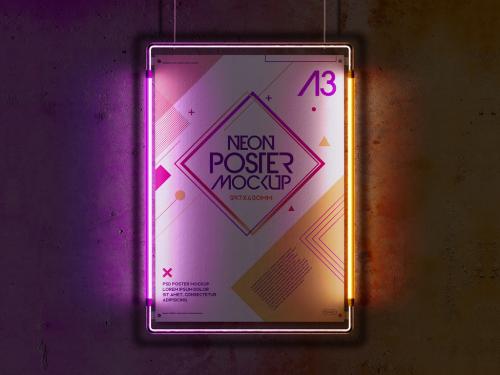 Metal Frame Poster with Neon Lights Mockup - 359997796