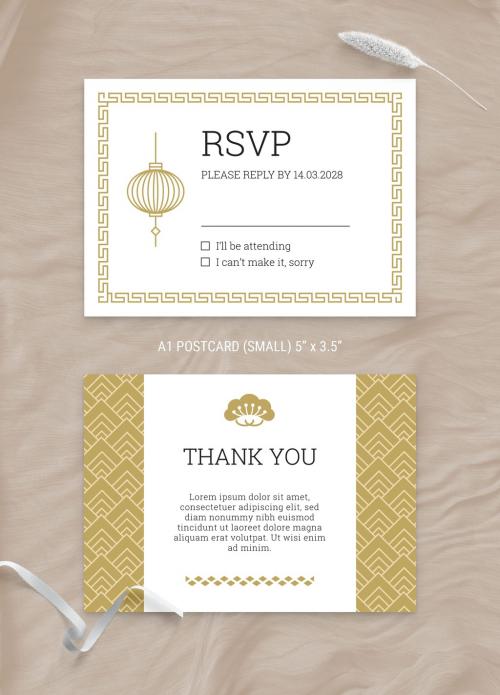 Asian Wedding RSVP Card with Gold Patterns - 363362653