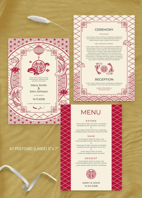Illustrated Asian Wedding Invitation Flyer with Chinese Patterns - 363362717
