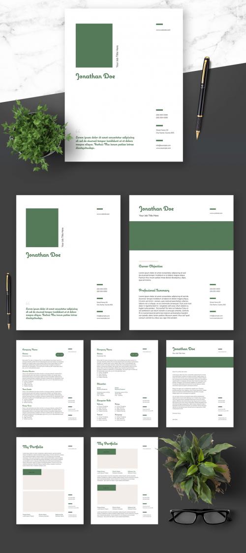 Resume Cover Letter and Portfolio Layout with Green Elements - 364520961