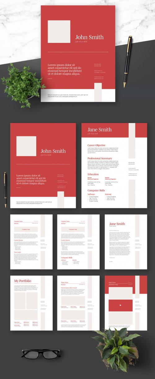 Resume Cover Letter and Portfolio Layout with Red Elements - 364520988