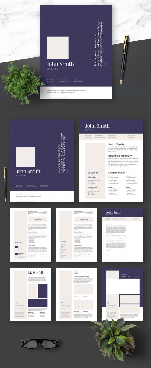 Resume Cover Letter and Portfolio Layout with Navy Blue Elements - 364520994
