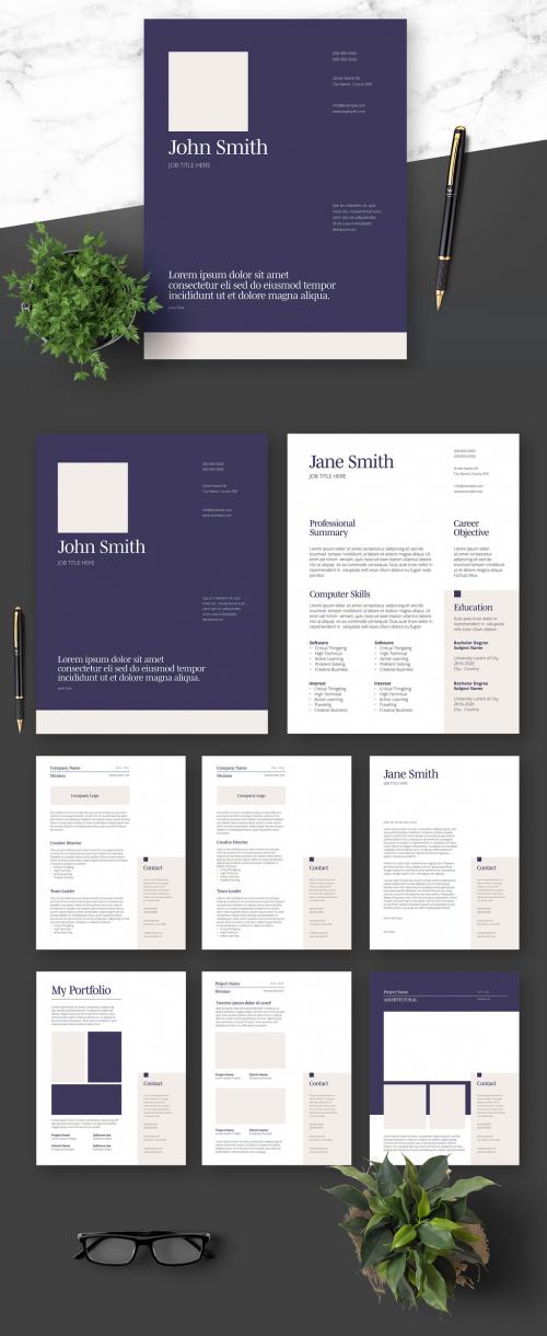Resume Cover Letter and Portfolio Layout with Navy Blue Elements - 364520996