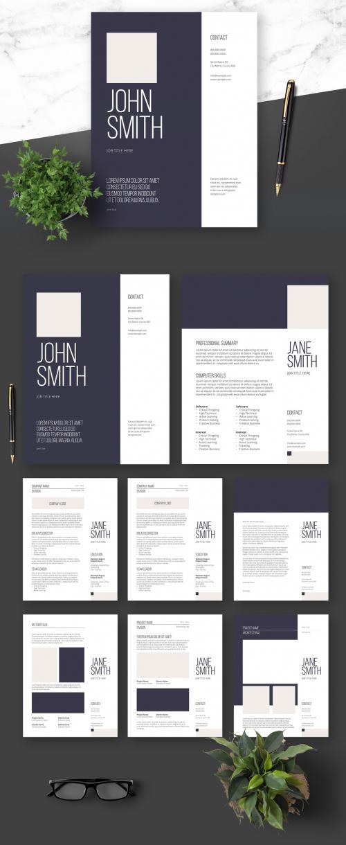 Resume Cover Letter and Portfolio Layout with Navy Blue Elements - 364521006