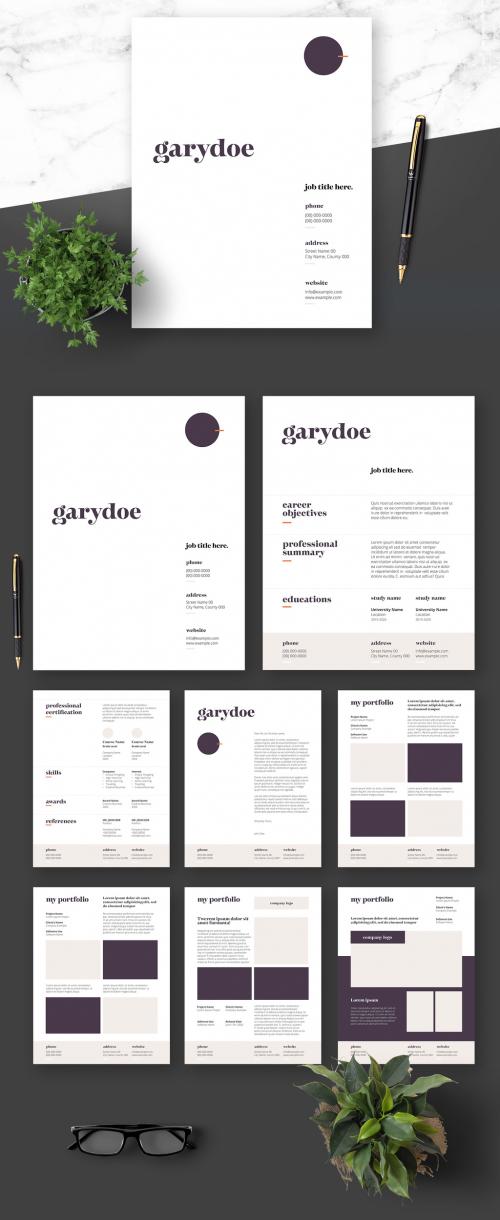 Resume Cover Letter and Portfolio Layout with Dark Pruple Elements - 364521018