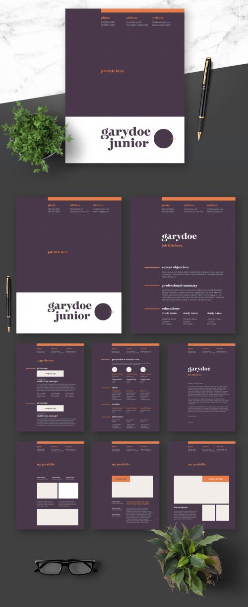 Resume Cover Letter and Portfolio Layout with Dark Pruple Elements - 364521024