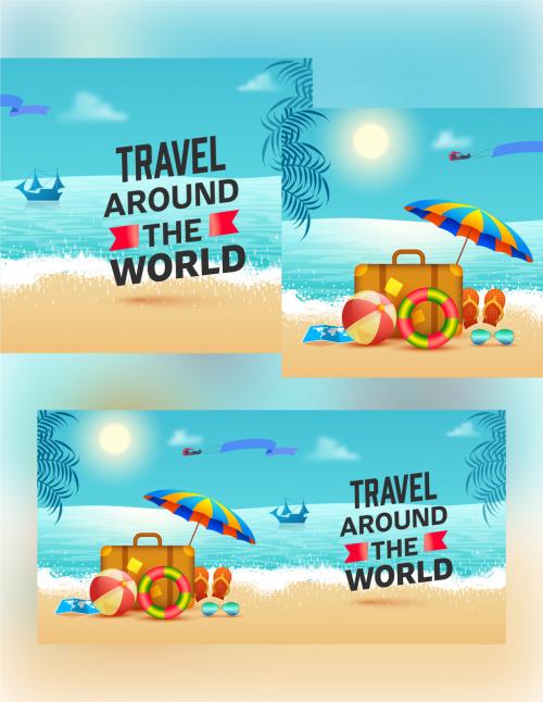 Summer Holiday Background with Illustrated Beach Elements - 364552946