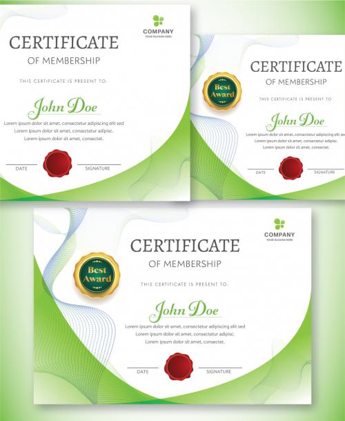 Membership Certificate Layout in Green Color and Golden Badge with Placeholder - 364553000