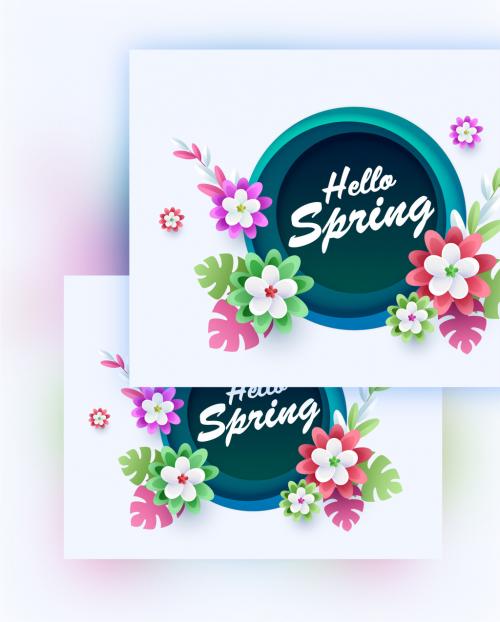 Spring Background Decorated with Paper Cut Flowers and Tropical Leaves - 364553477