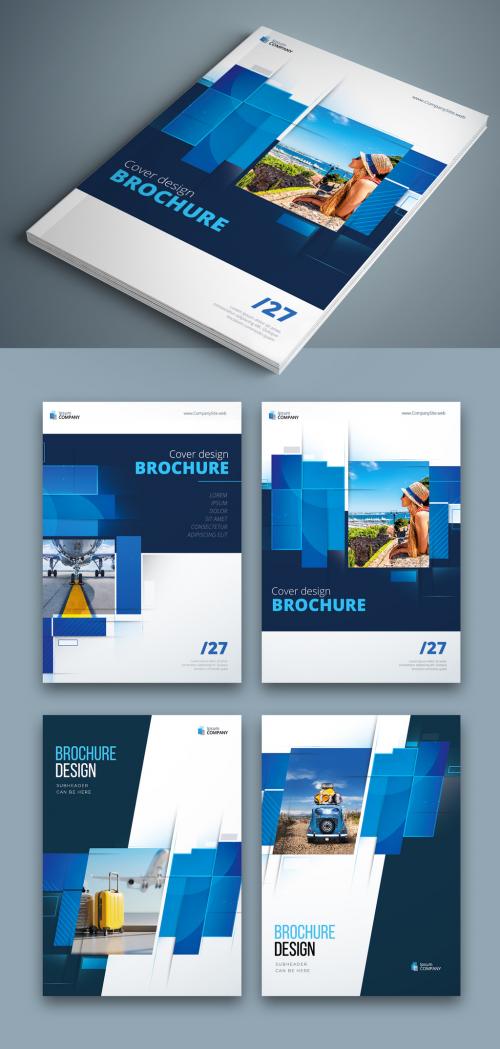 Business Report Cover Layout Set with Blue and Dark Rectangles - 364581805