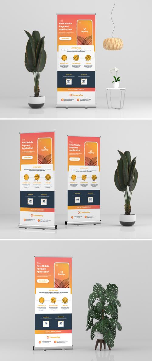 Roll-Up Banner Layout with Orange Gradient Accents and Mobile Phone Illustrations - 366332720