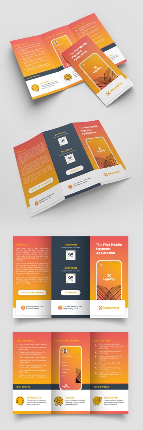 Trifold Brochure Layout with Orange Gradient Accents and Mobile Phone Illustrations - 366332750