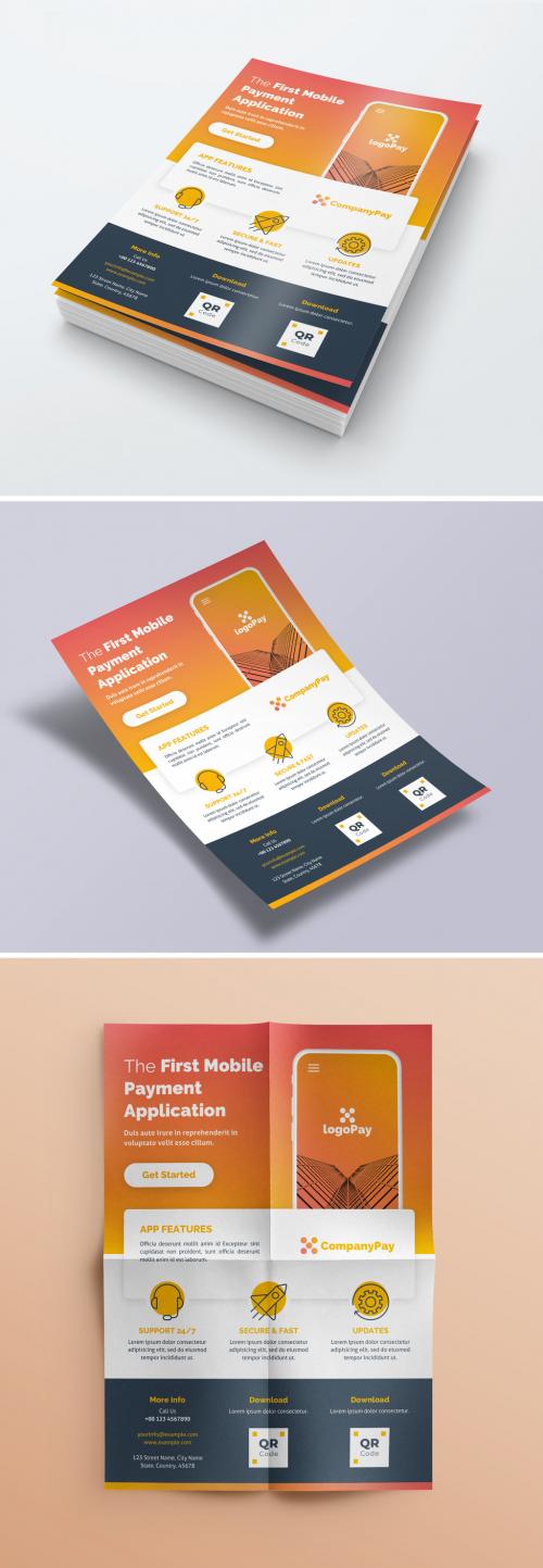 Flyer Layout with Orange Gradient Accents and Mobile Phone Illustrations - 366334698