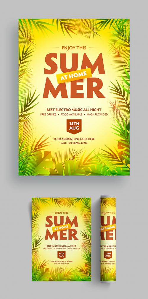 Summer Party Flyer Layout with Leaves on Yellow Background - 366775499