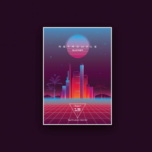 Retrowave Neon Summer Music Poster Layout - 366791299