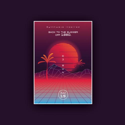 Synthwave Summer Poster Layout with Sunset and Palm Trees - 366791365